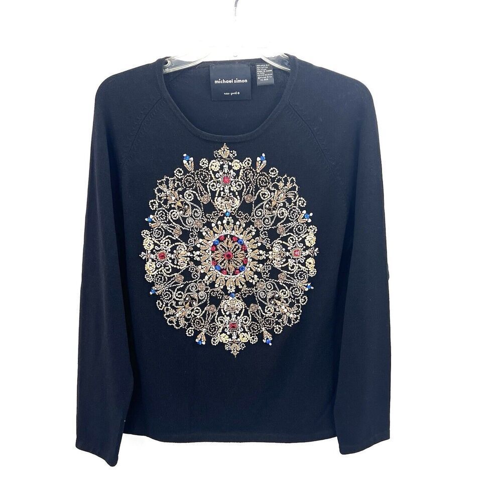 Vintage Michael Simon Black Silk Blend Beaded Medallion Sweater Womens Large